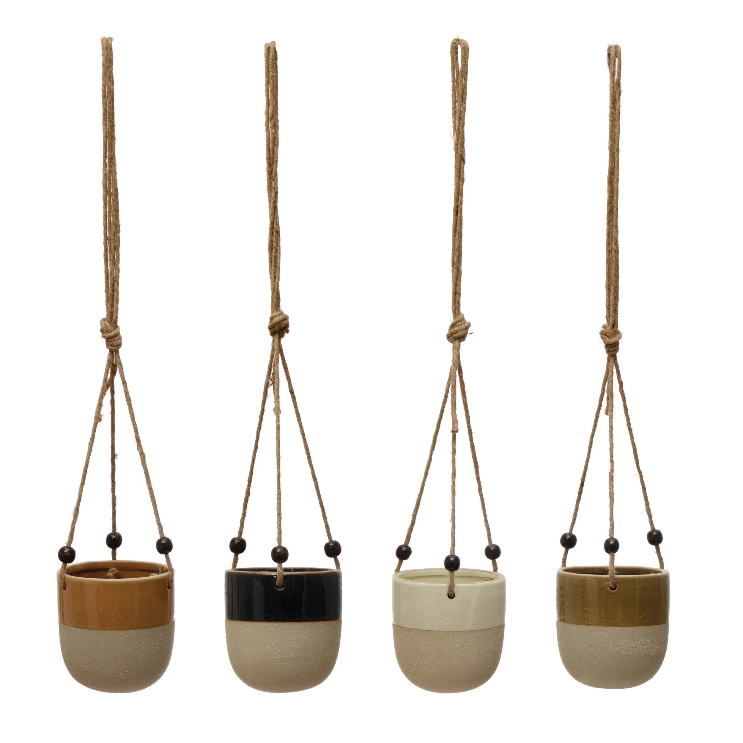 Hanging Stoneware Glaze/Matte Planter w/Wood Beads