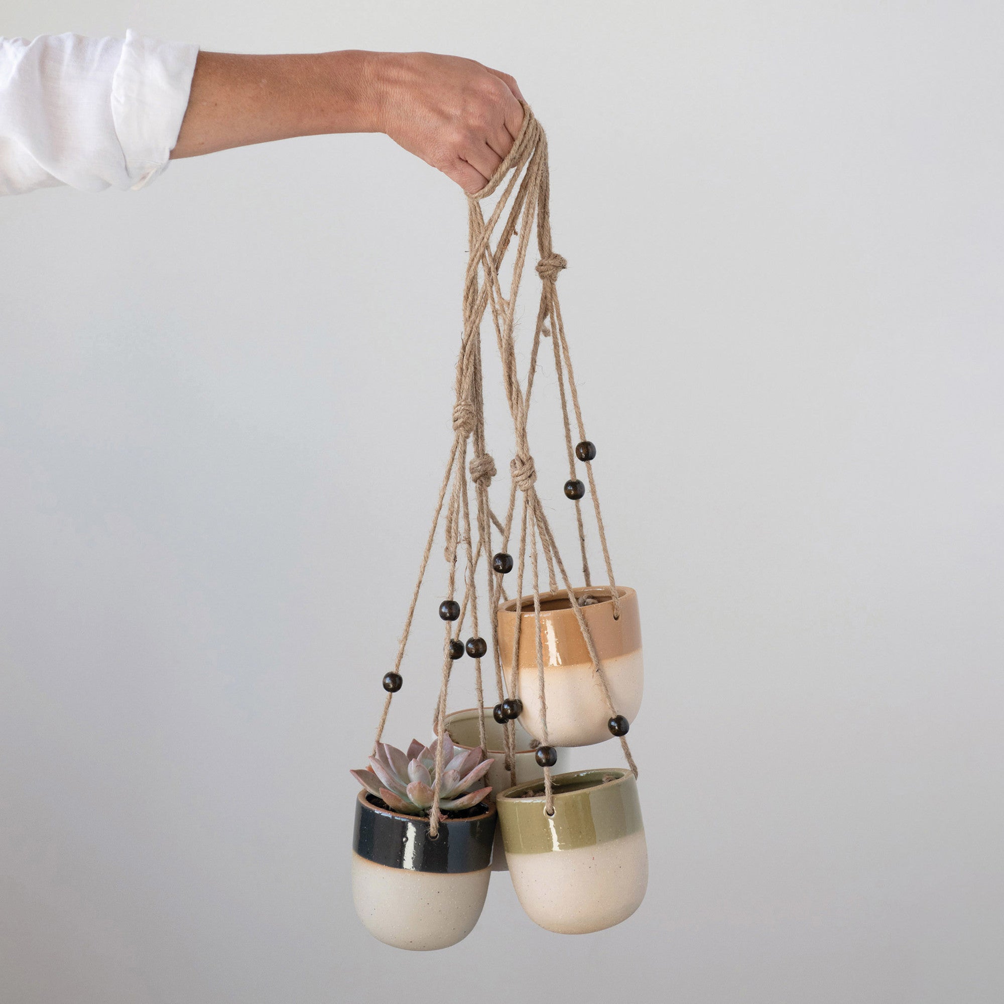 Hanging Stoneware Glaze/Matte Planter w/Wood Beads