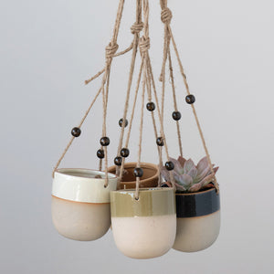 Hanging Stoneware Glaze/Matte Planter w/Wood Beads