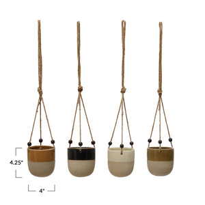 Hanging Stoneware Glaze/Matte Planter w/Wood Beads