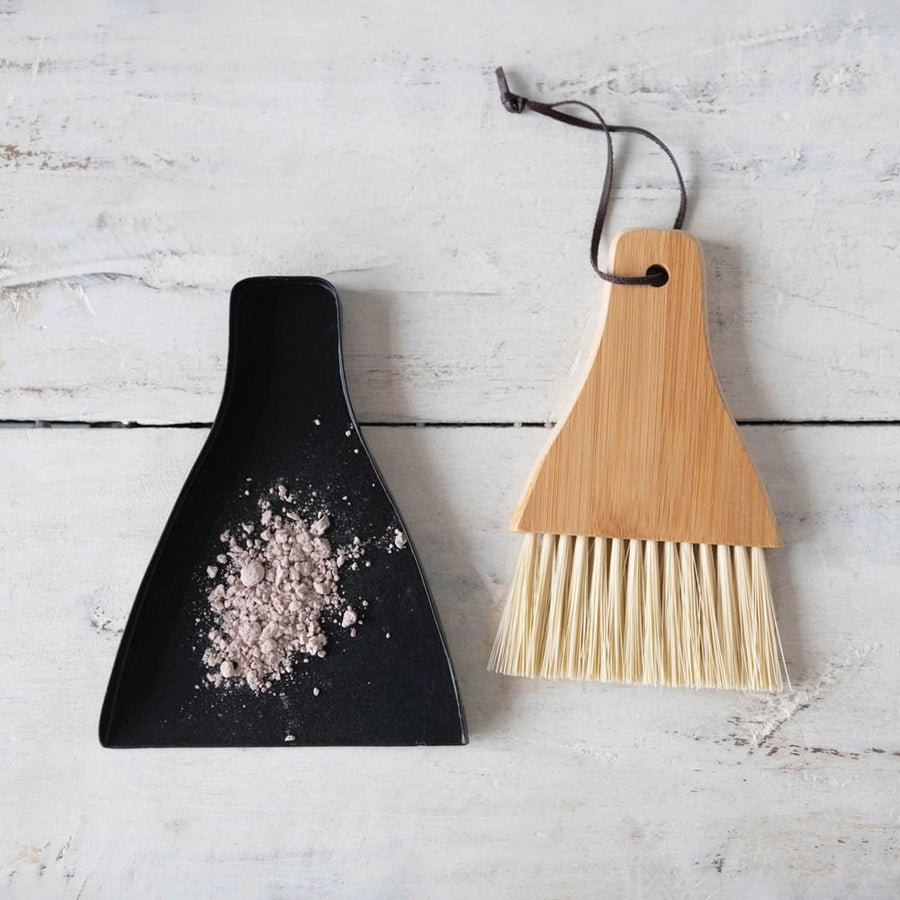 Natural & Black Bamboo Brush & Metal Dust Pan Set w/Leather Tie