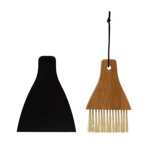 Natural & Black Bamboo Brush & Metal Dust Pan Set w/Leather Tie