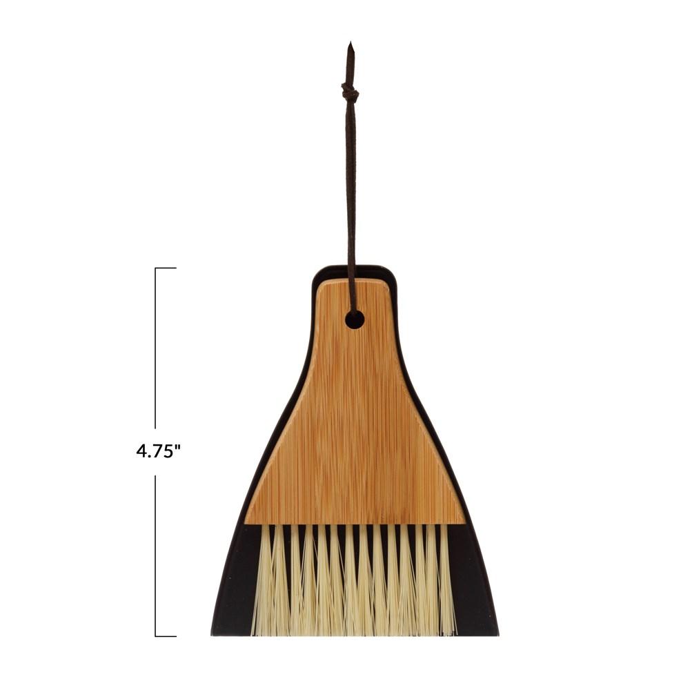Natural & Black Bamboo Brush & Metal Dust Pan Set w/Leather Tie