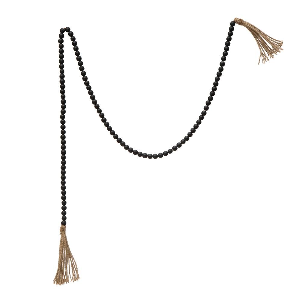 Distressed Black Paulownia Wood Bead Garland w/Jute Tassels,