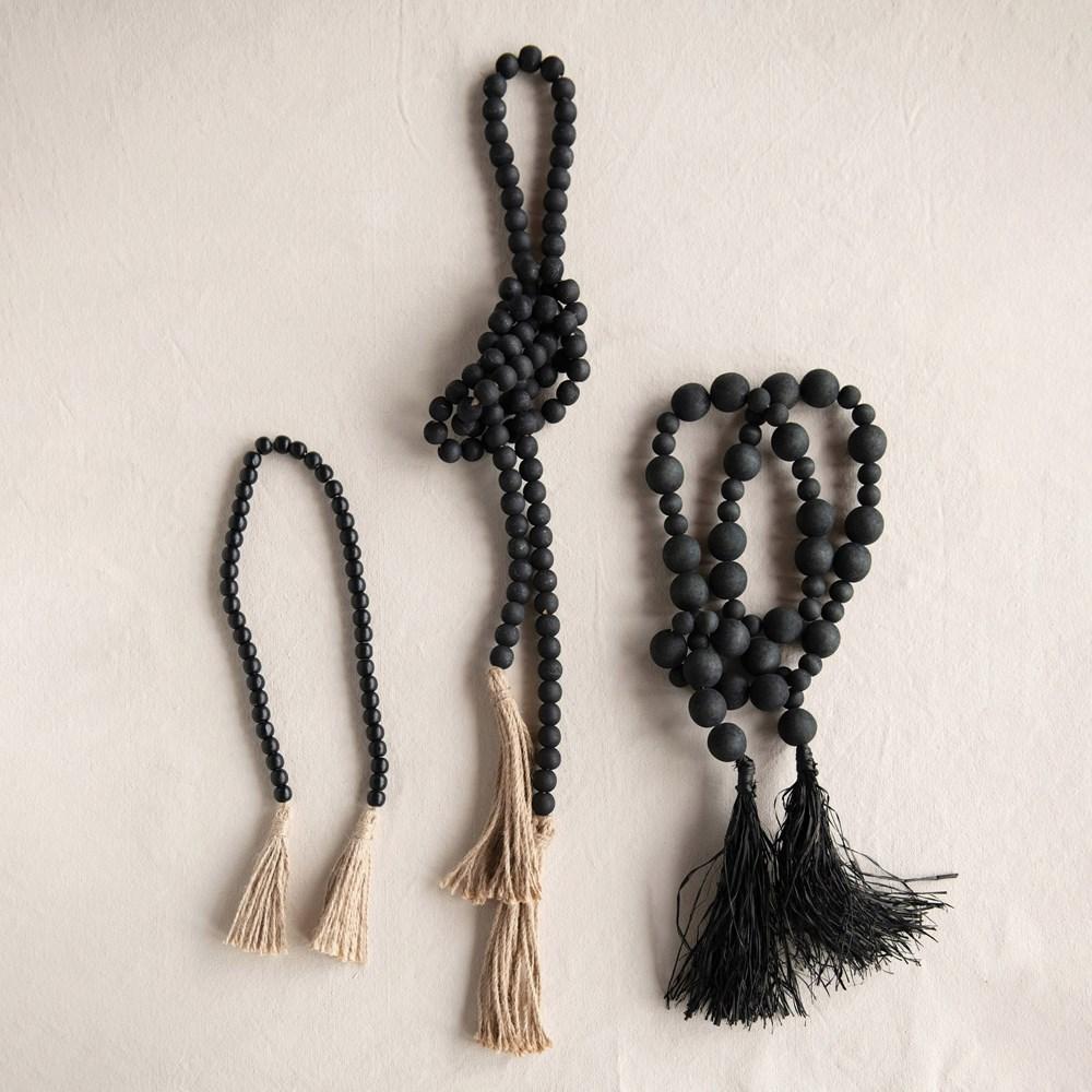 Distressed Black Paulownia Wood Bead Garland w/Jute Tassels,