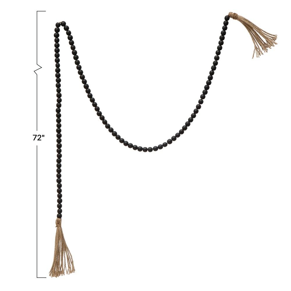 Distressed Black Paulownia Wood Bead Garland w/Jute Tassels,