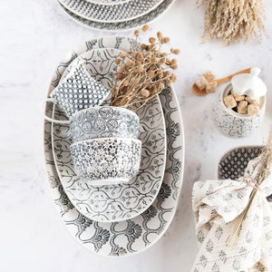 Black & Cream Hand-Stamped Stoneware Bowl w/ Embossed Pattern