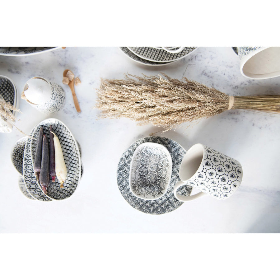 Black & Cream Hand-Stamped Stoneware Dish w/ Embossed Pattern