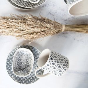 Black & Cream Hand-Stamped Stoneware Dish w/ Embossed Pattern