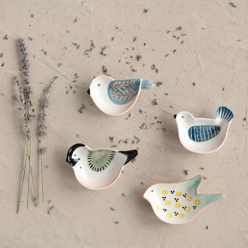 Hand-Painted Stoneware Bird Shaped Dish