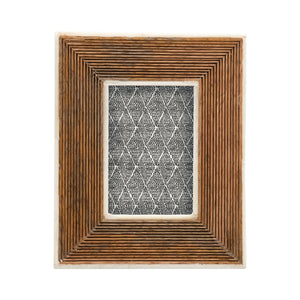 Hand-Carved Natural Mango Wood Photo Frame w/Bone Border & Ribbed Pattern