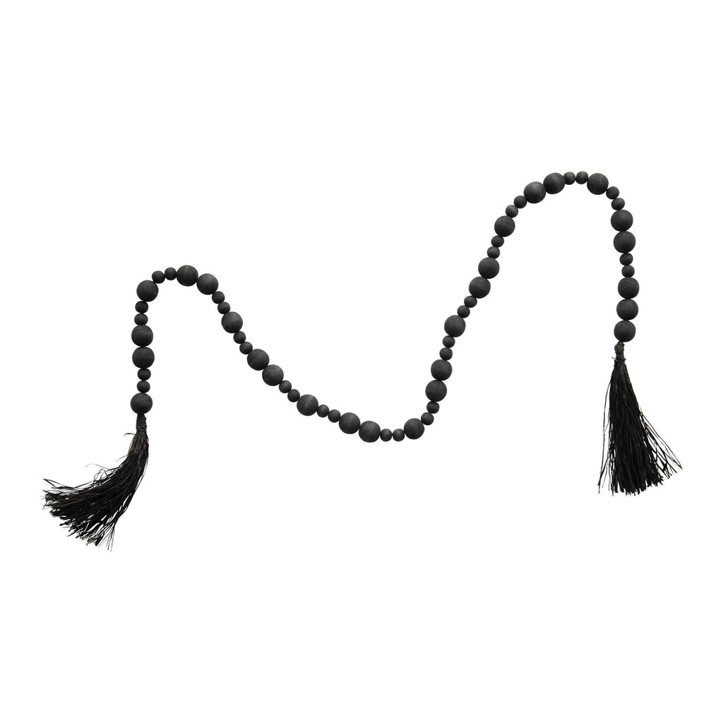 Black Acacia Wood Bead Garland w/Raffia Tassel