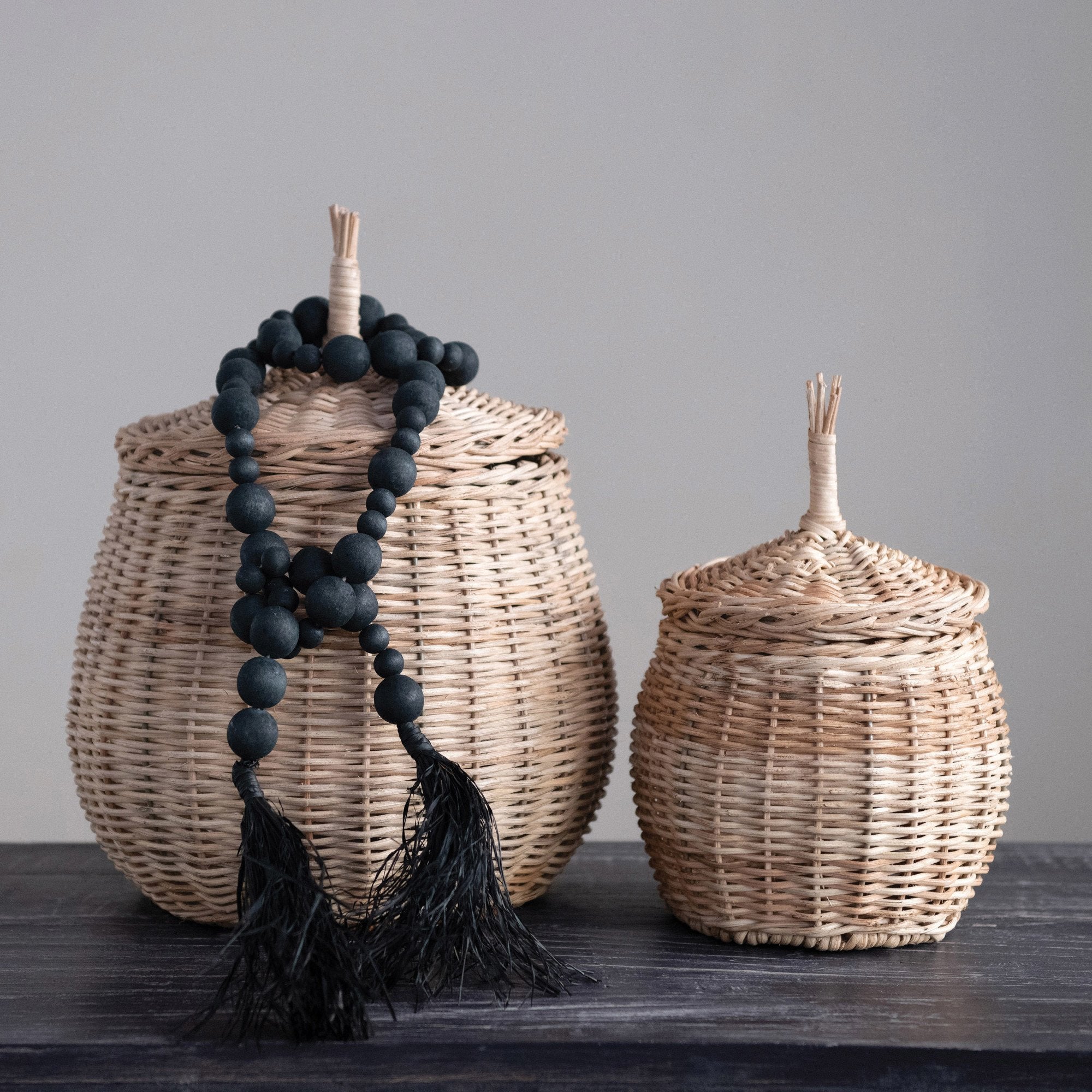 Black Acacia Wood Bead Garland w/Raffia Tassel