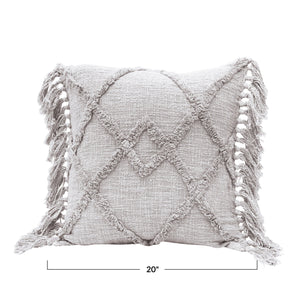 Grey Tufted Pattern Cotton Blend Pillow w/Fringe