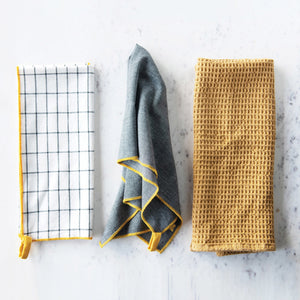 S/3 Cotton Tea Towels | Mustard & Grey Tone