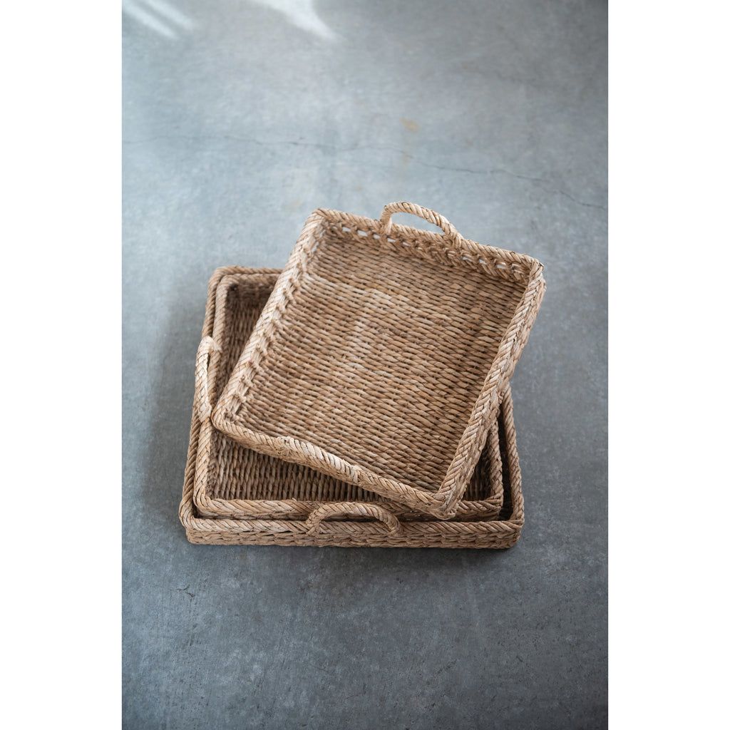 Hand-Woven Water Hyacinth & Rattan Square Trays w/Handles