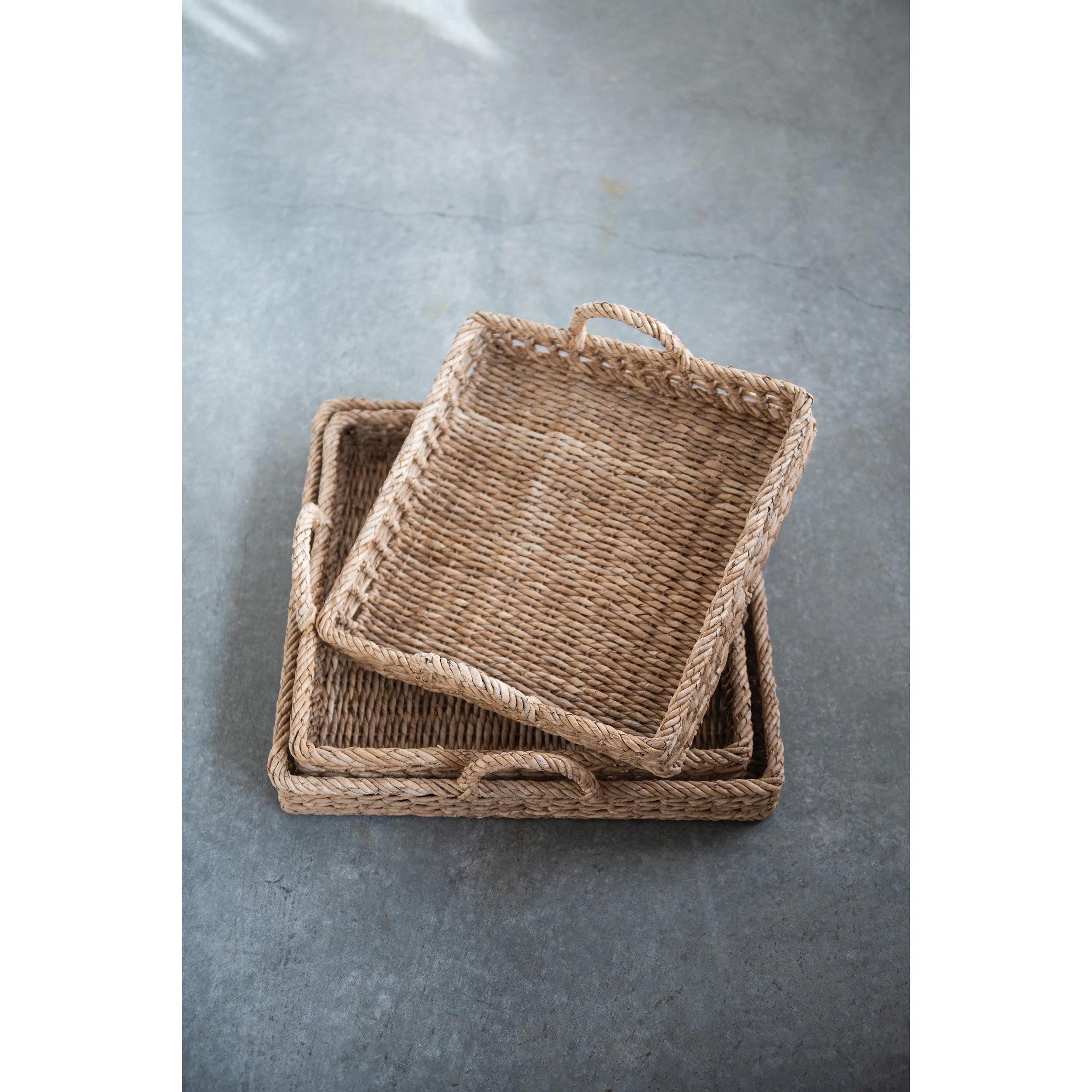 Hand-Woven Water Hyacinth & Rattan Square Trays w/Handles