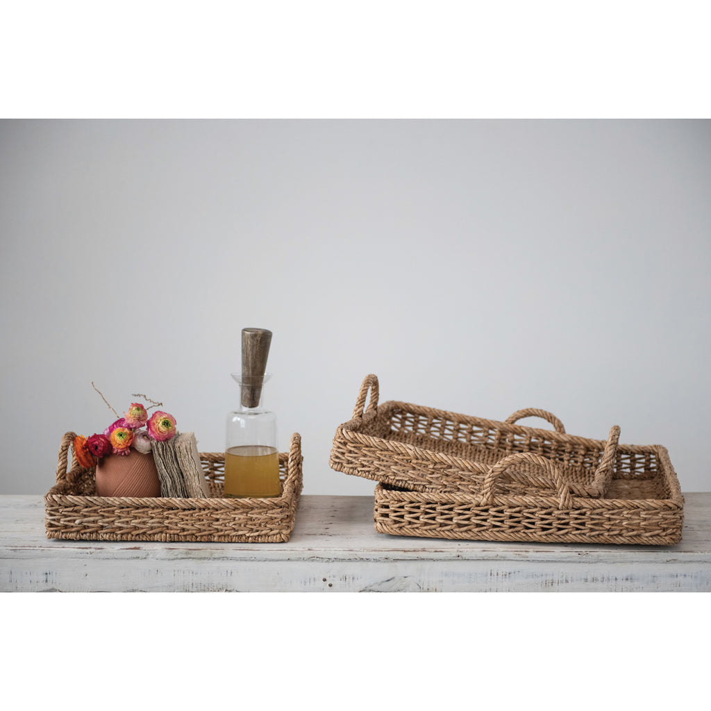 Hand-Woven Water Hyacinth & Rattan Square Trays w/Handles