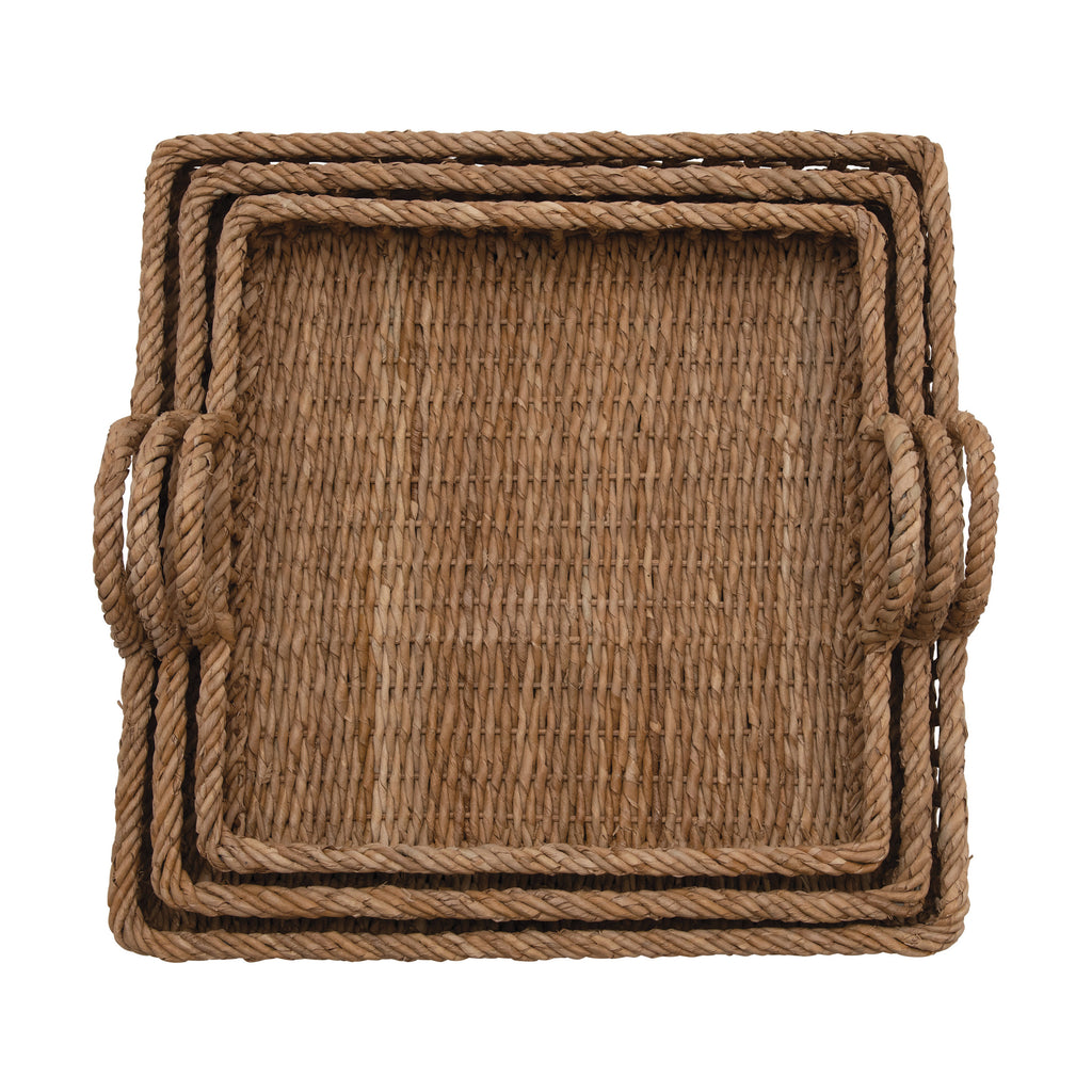 Hand-Woven Water Hyacinth & Rattan Square Trays w/Handles
