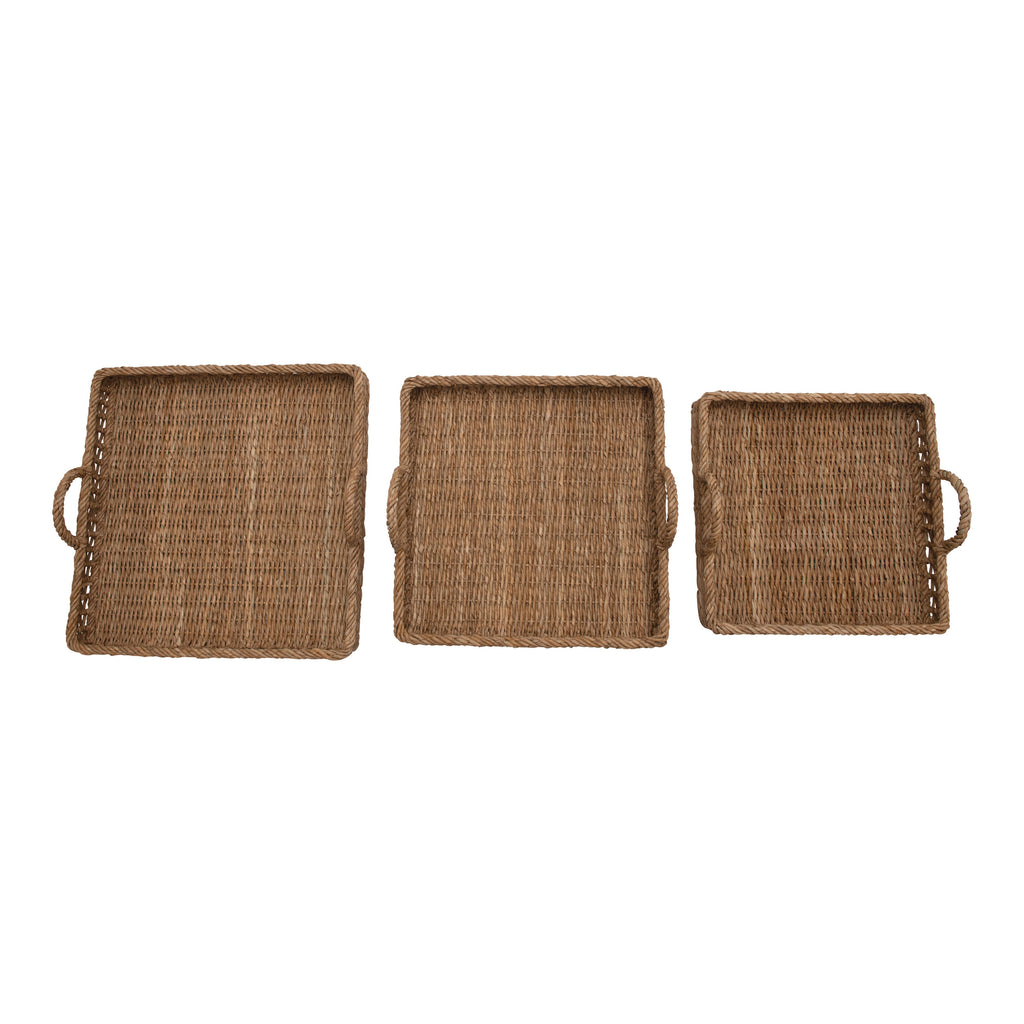 Hand-Woven Water Hyacinth & Rattan Square Trays w/Handles