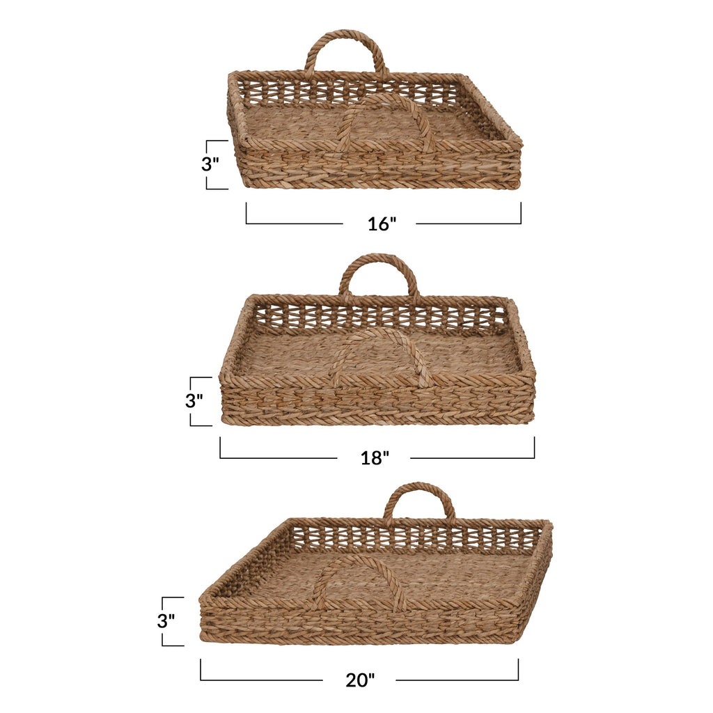 Hand-Woven Water Hyacinth & Rattan Square Trays w/Handles