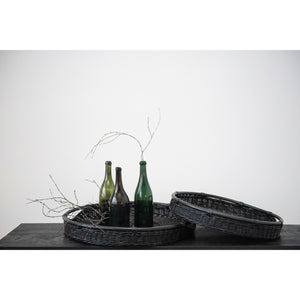 Black Decorative Hand-Woven Rattan Trays w/Handles