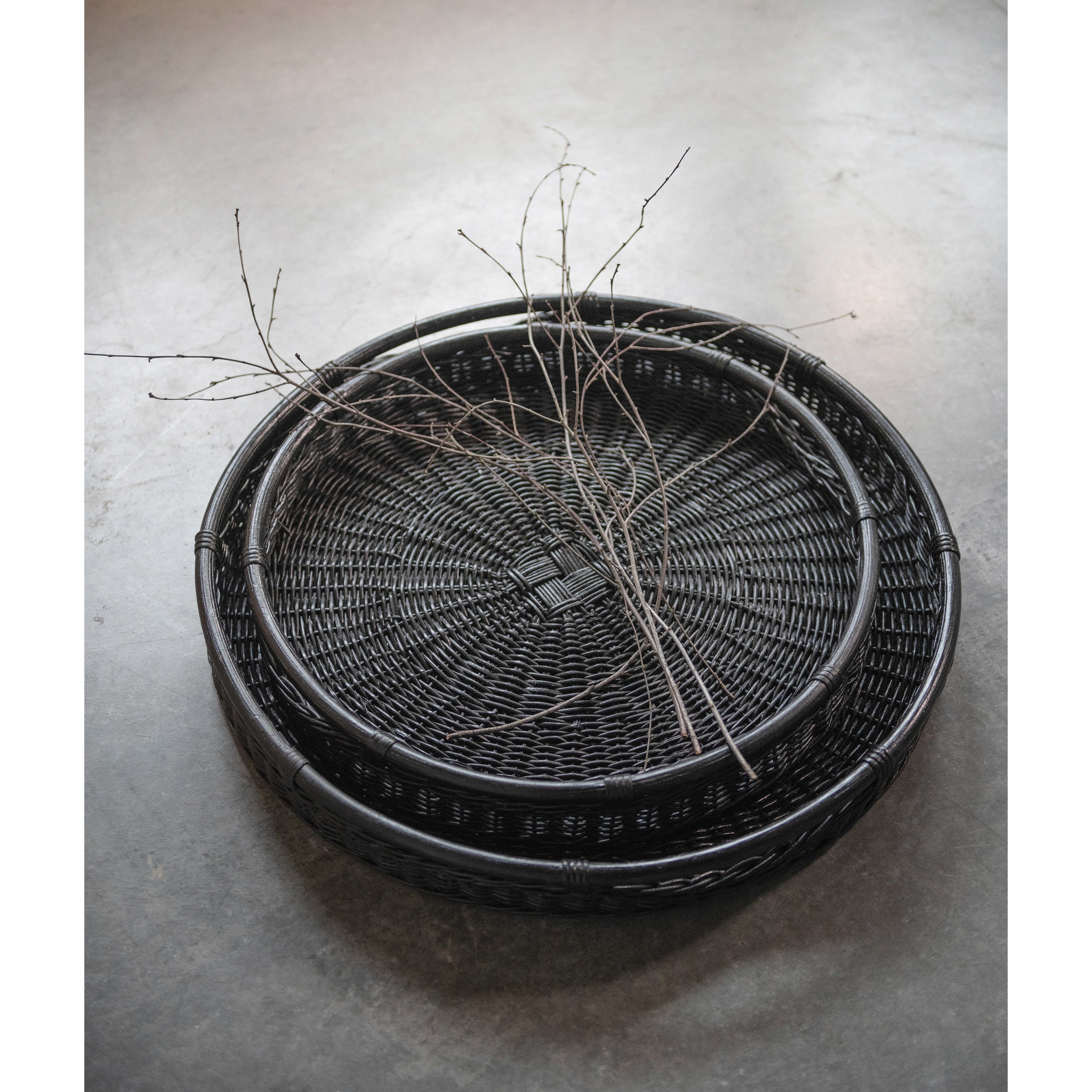 Black Decorative Hand-Woven Rattan Trays w/Handles