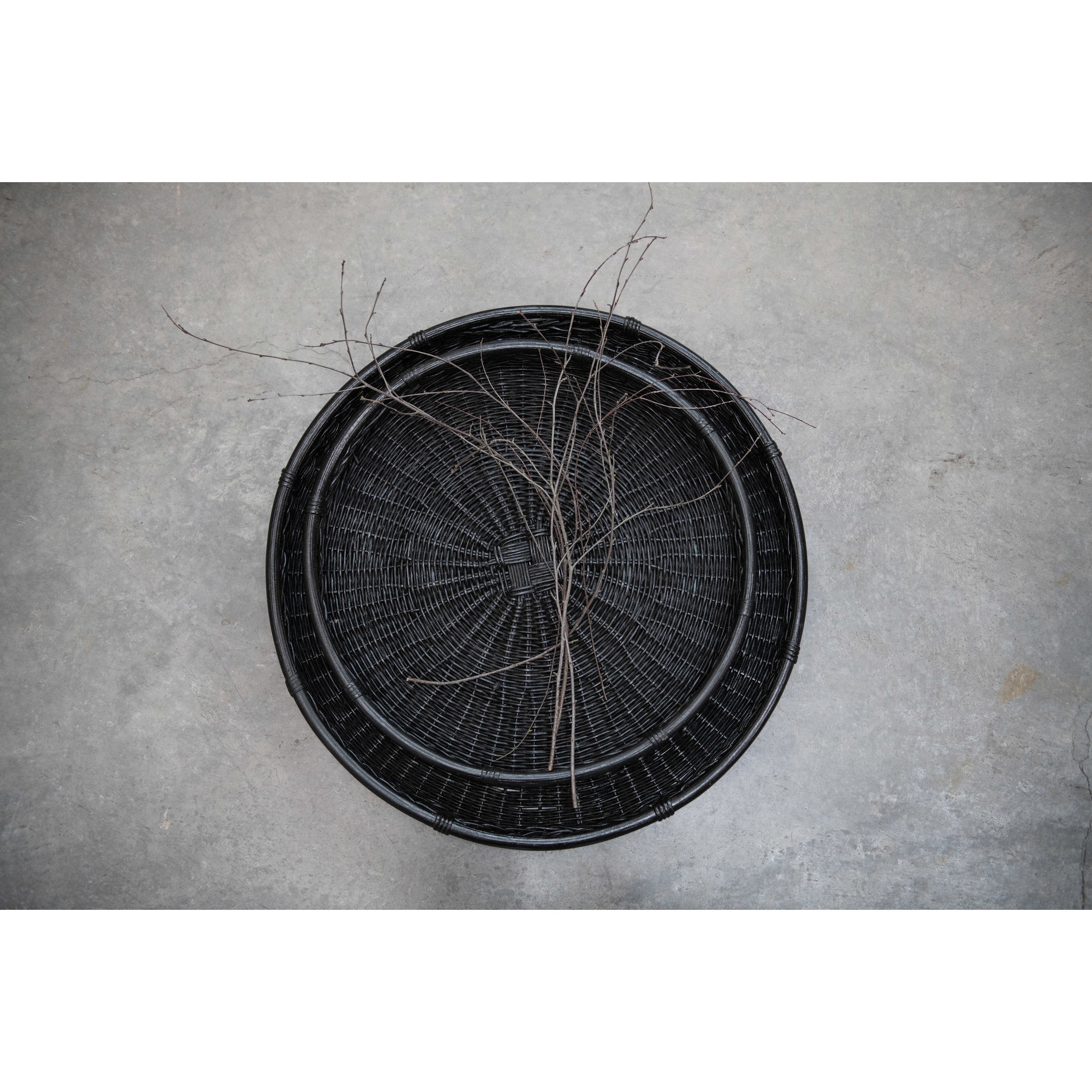 Black Decorative Hand-Woven Rattan Trays w/Handles