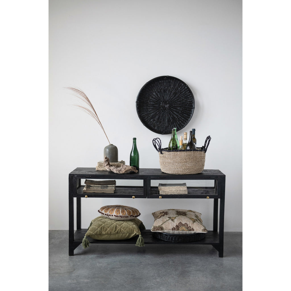 Black Decorative Hand-Woven Rattan Trays w/Handles