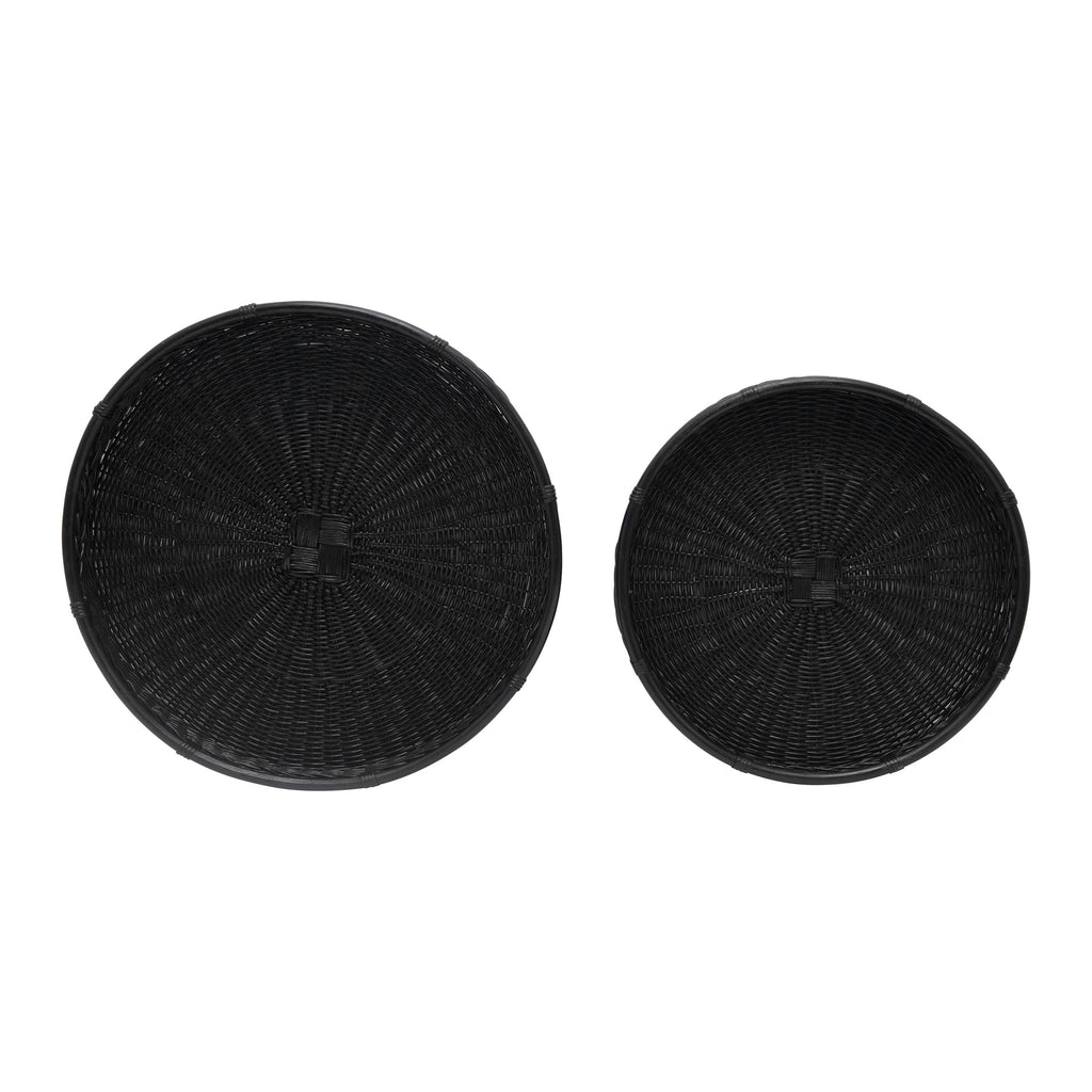 Black Decorative Hand-Woven Rattan Trays w/Handles