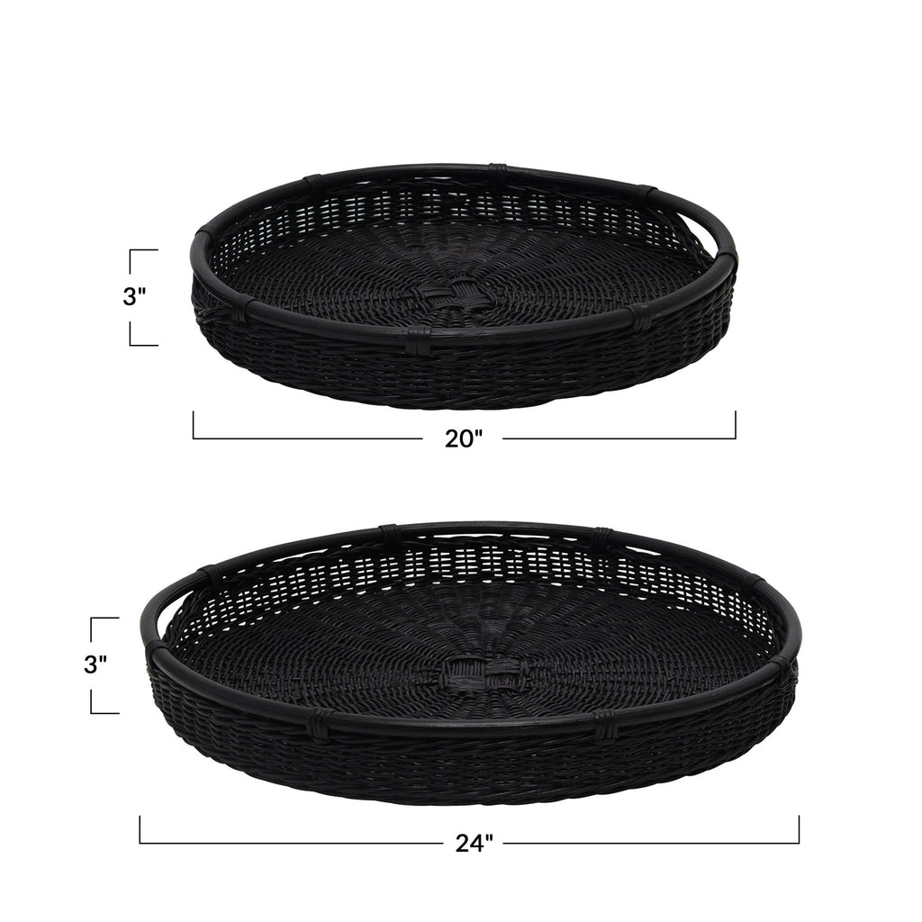 Black Decorative Hand-Woven Rattan Trays w/Handles