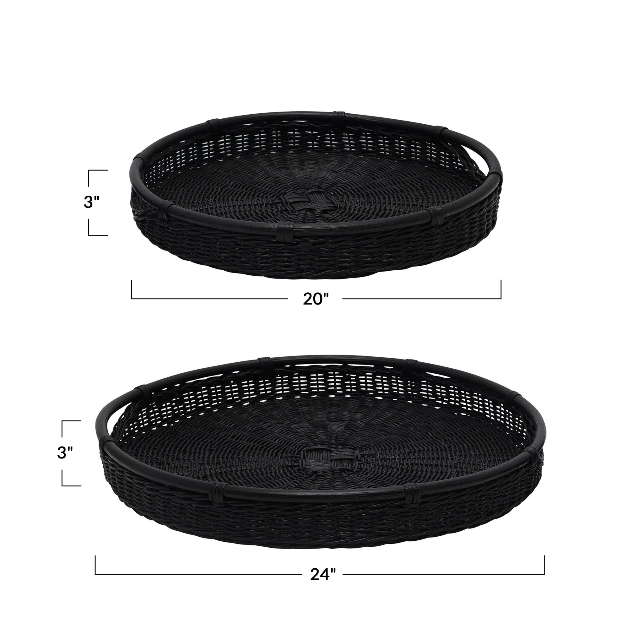 Black Decorative Hand-Woven Rattan Trays w/Handles