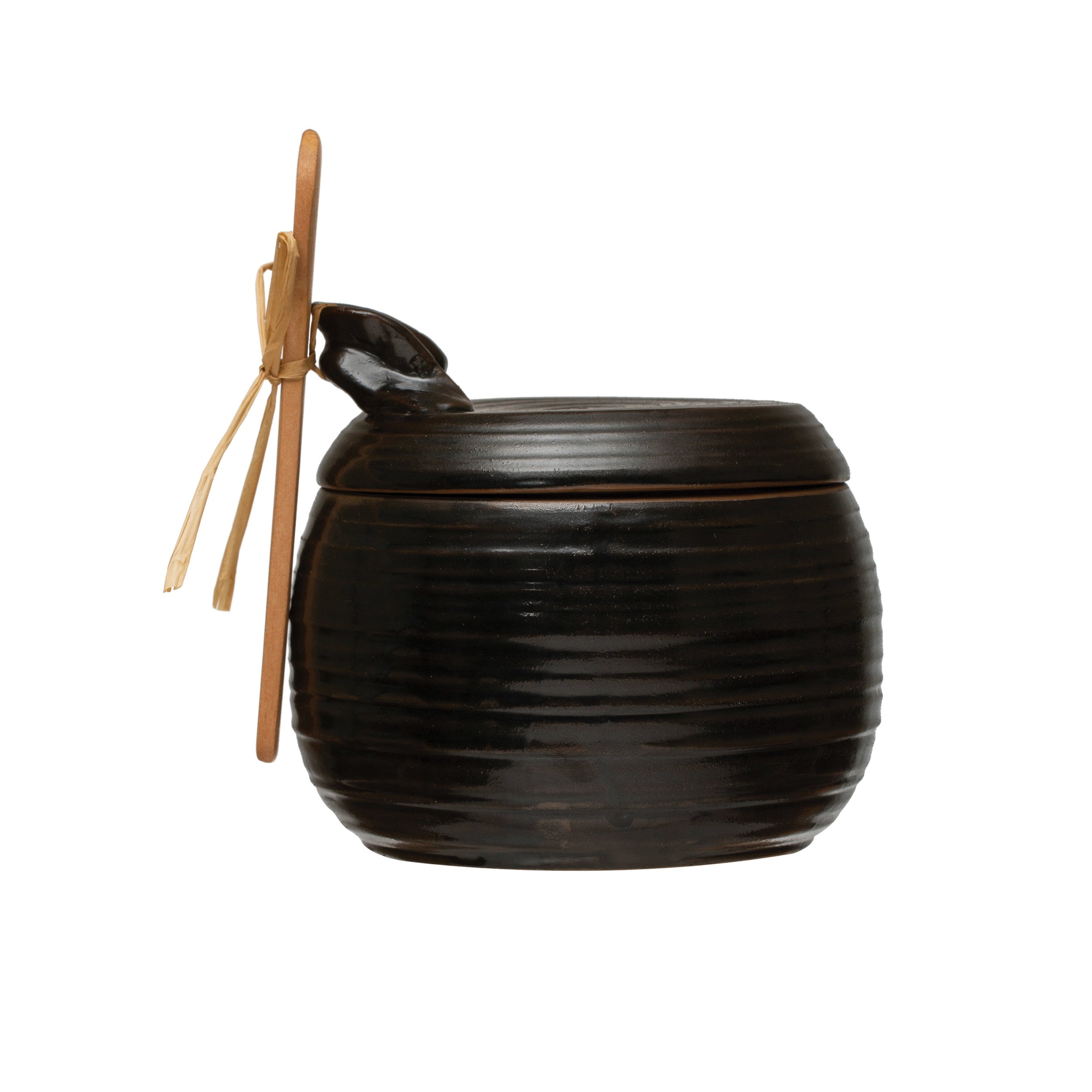 Black Reactive Glaze Stoneware Jar w/Wood Spoon