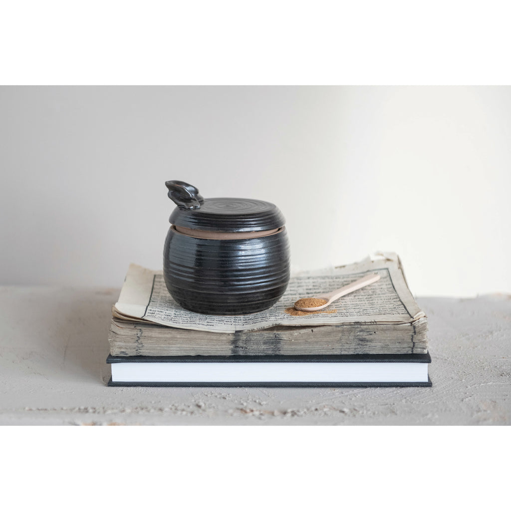 Black Reactive Glaze Stoneware Jar w/Wood Spoon
