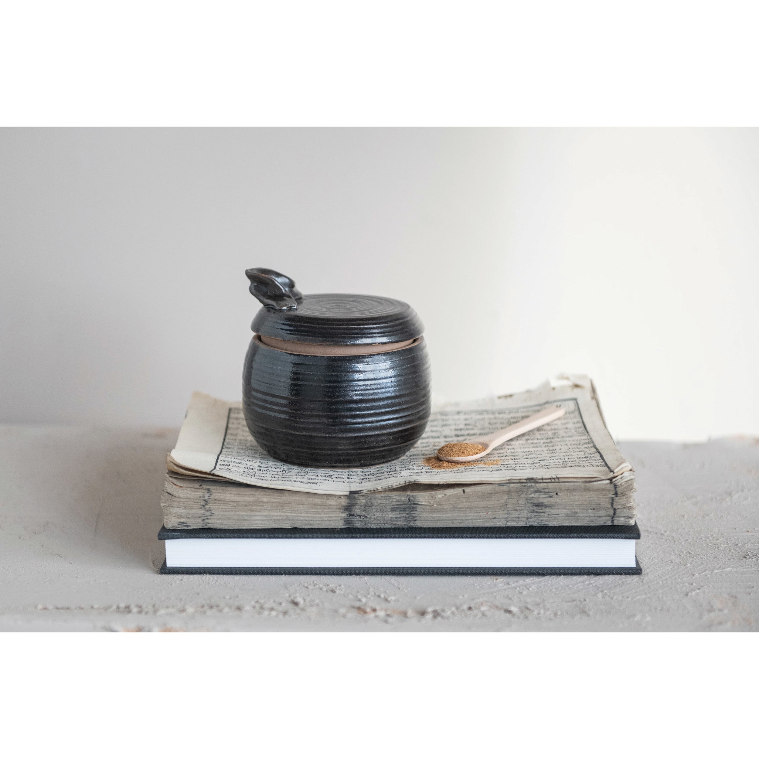 Black Reactive Glaze Stoneware Jar w/Wood Spoon