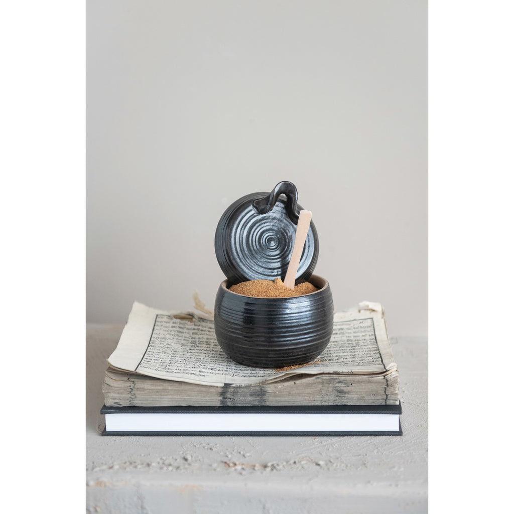 Black Reactive Glaze Stoneware Jar w/Wood Spoon