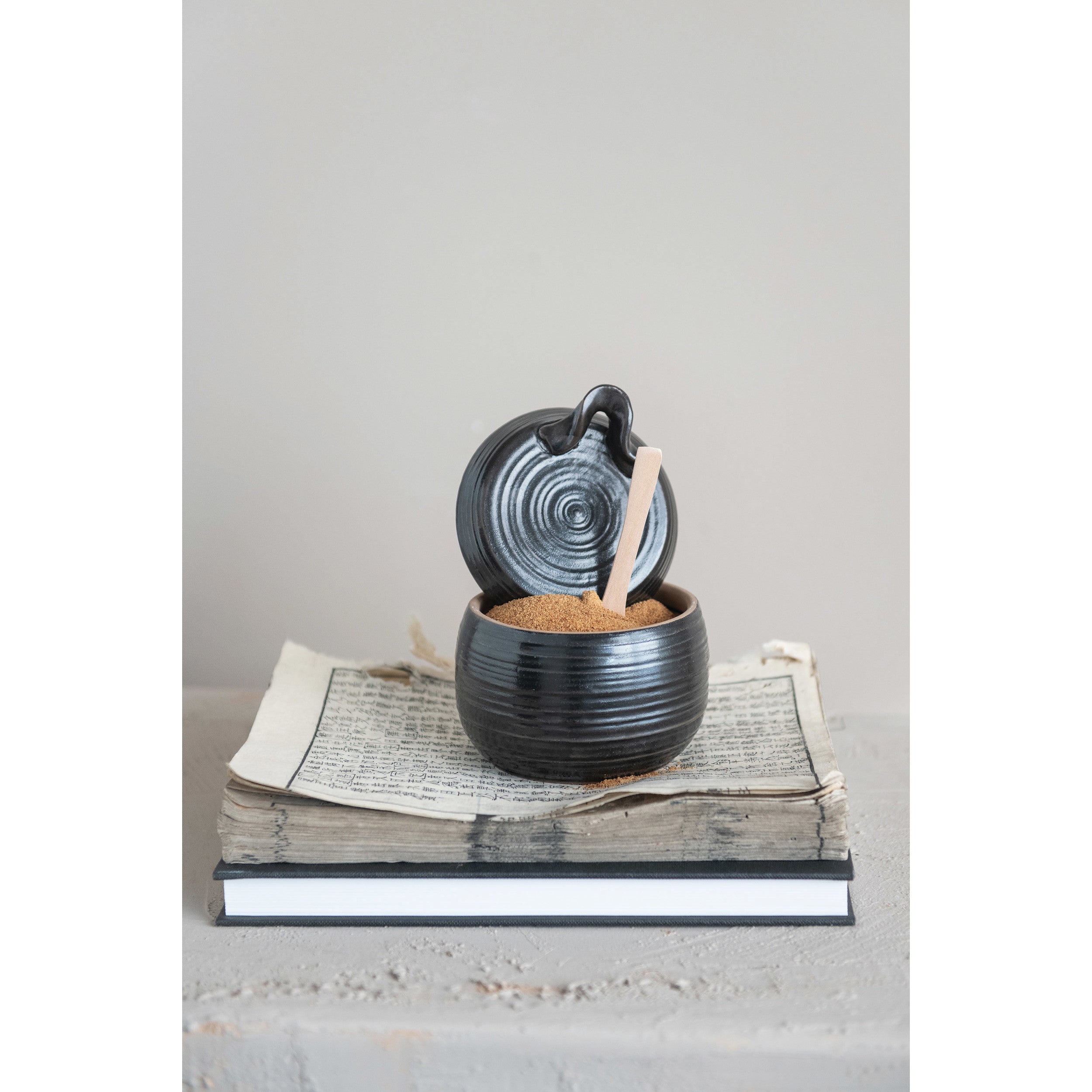 Black Reactive Glaze Stoneware Jar w/Wood Spoon