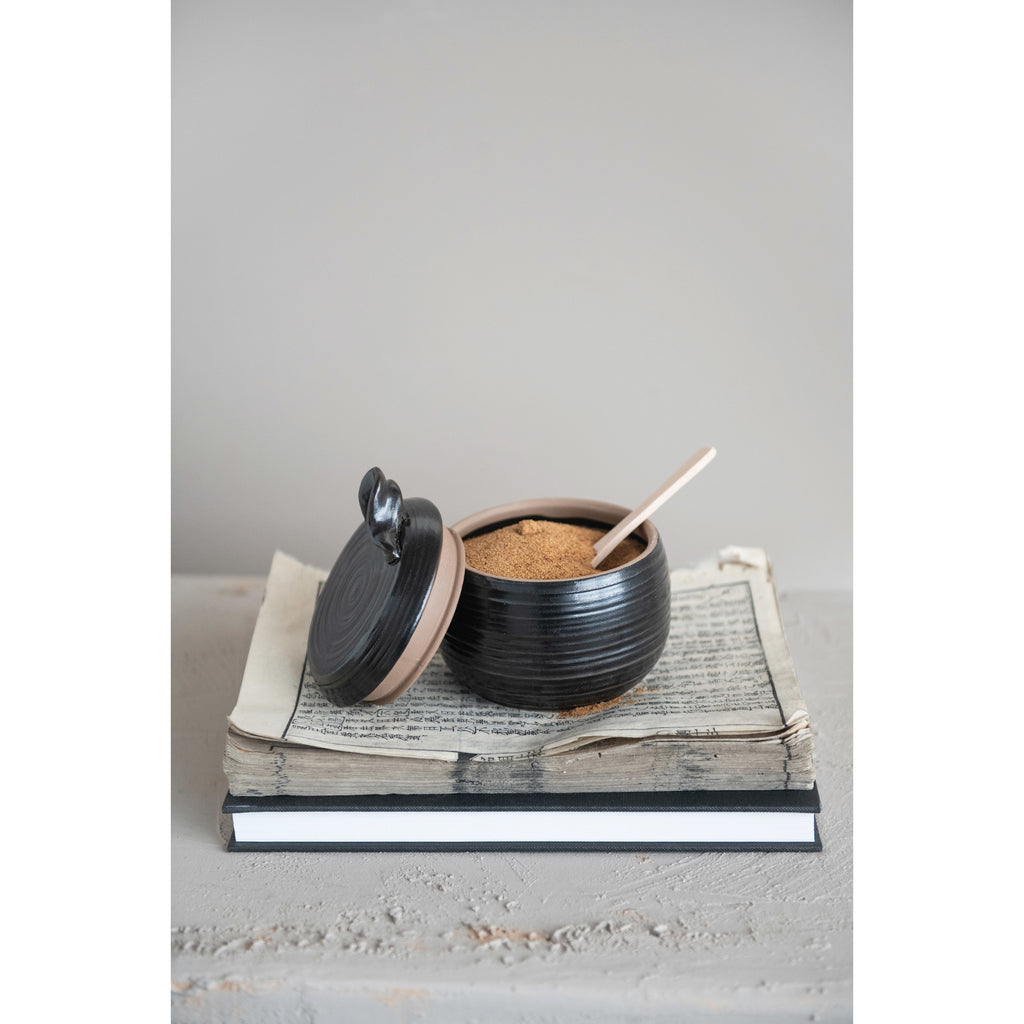 Black Reactive Glaze Stoneware Jar w/Wood Spoon