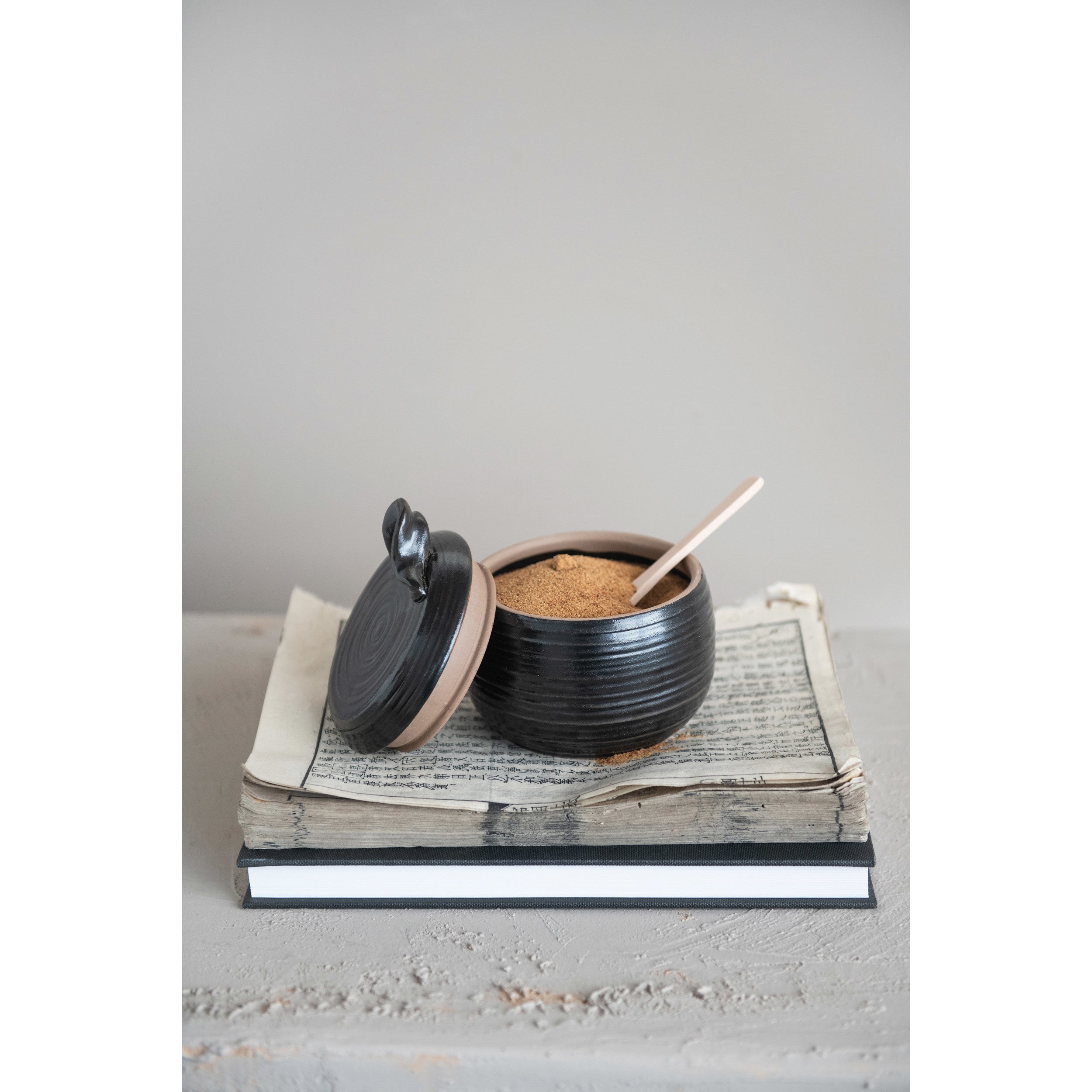 Black Reactive Glaze Stoneware Jar w/Wood Spoon