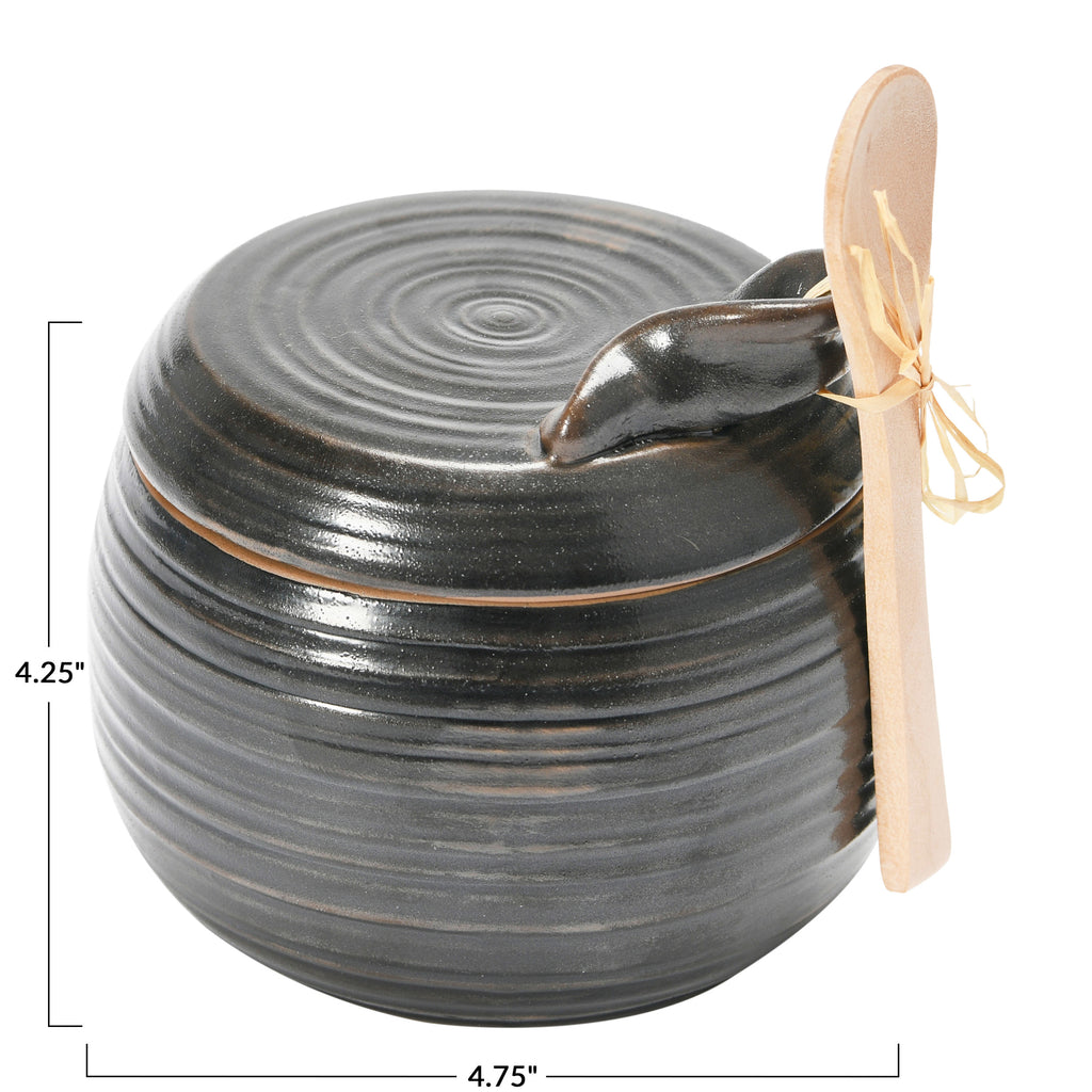 Black Reactive Glaze Stoneware Jar w/Wood Spoon