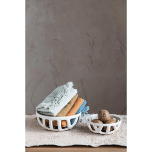 White Handmade Stoneware Basket Bowl w/Reactive Glaze