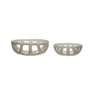 White Handmade Stoneware Basket Bowl w/Reactive Glaze