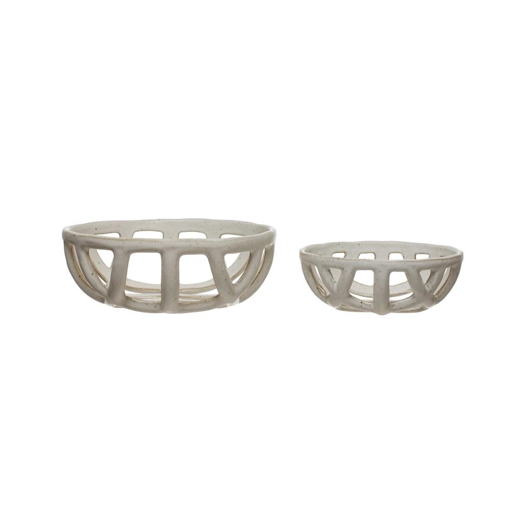 White Handmade Stoneware Basket Bowl w/Reactive Glaze
