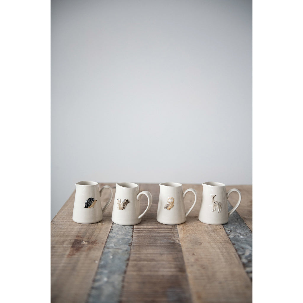 Hand-Painted Embossed Stoneware Creamer w/Forest Animal