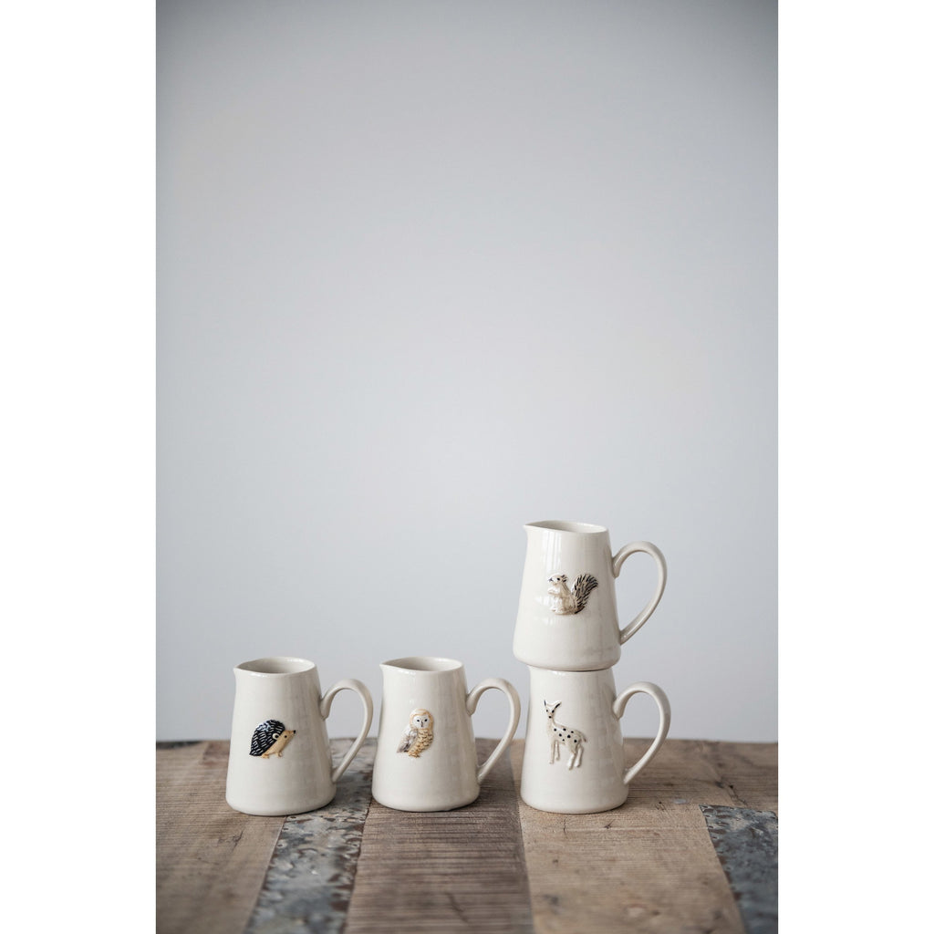 Hand-Painted Embossed Stoneware Creamer w/Forest Animal