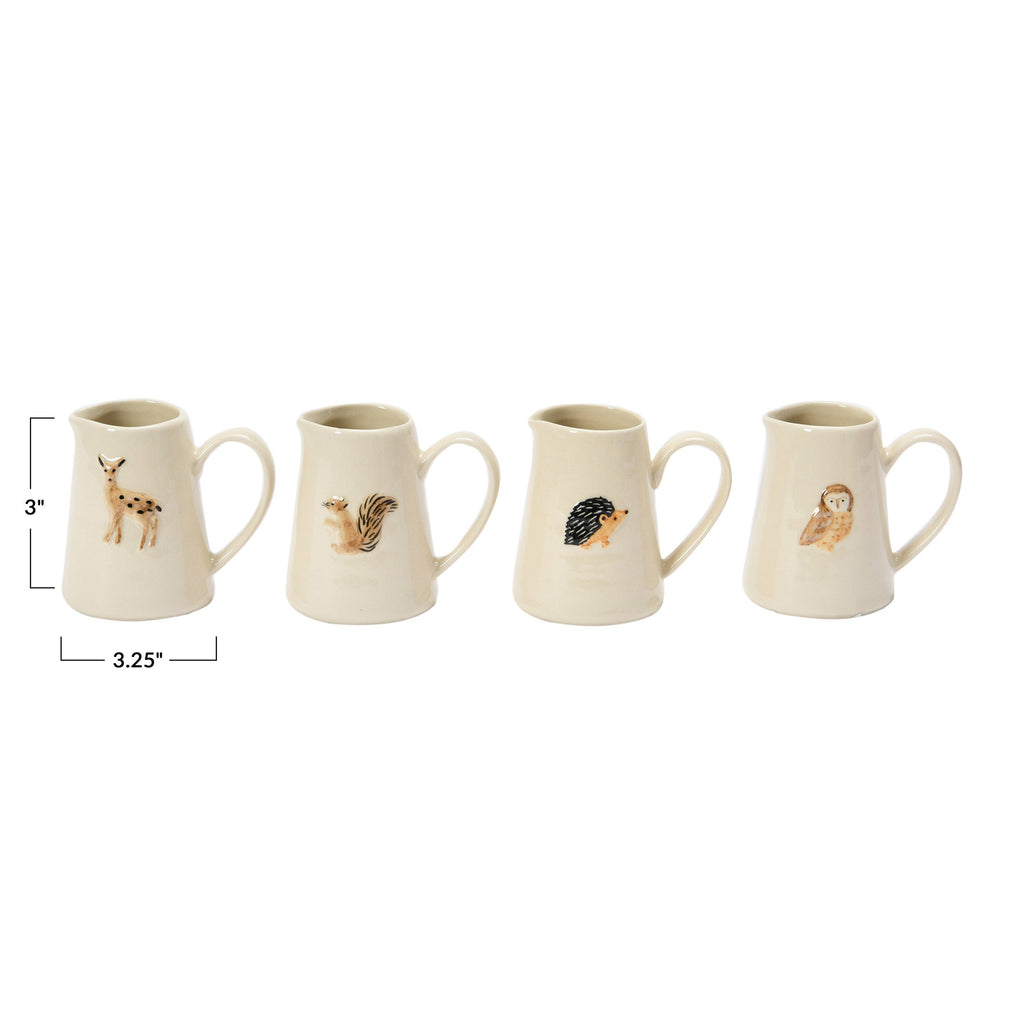 Hand-Painted Embossed Stoneware Creamer w/Forest Animal