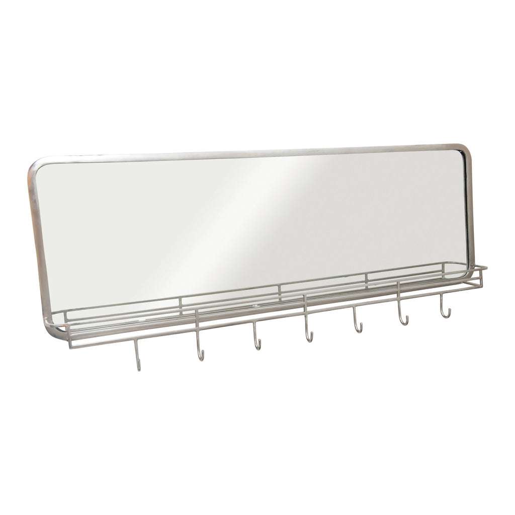 Nickel Finish Metal Framed Wall Mirror w/ Shelf & 7 Hooks
