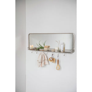 Nickel Finish Metal Framed Wall Mirror w/ Shelf & 7 Hooks