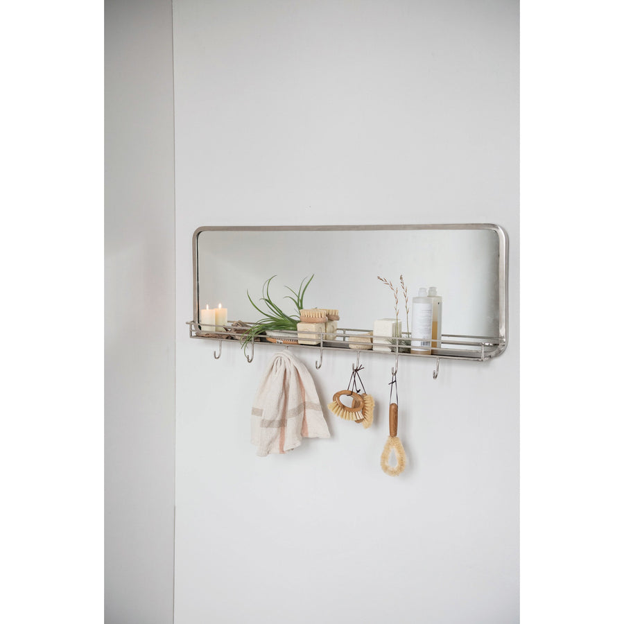 Nickel Finish Metal Framed Wall Mirror w/ Shelf & 7 Hooks