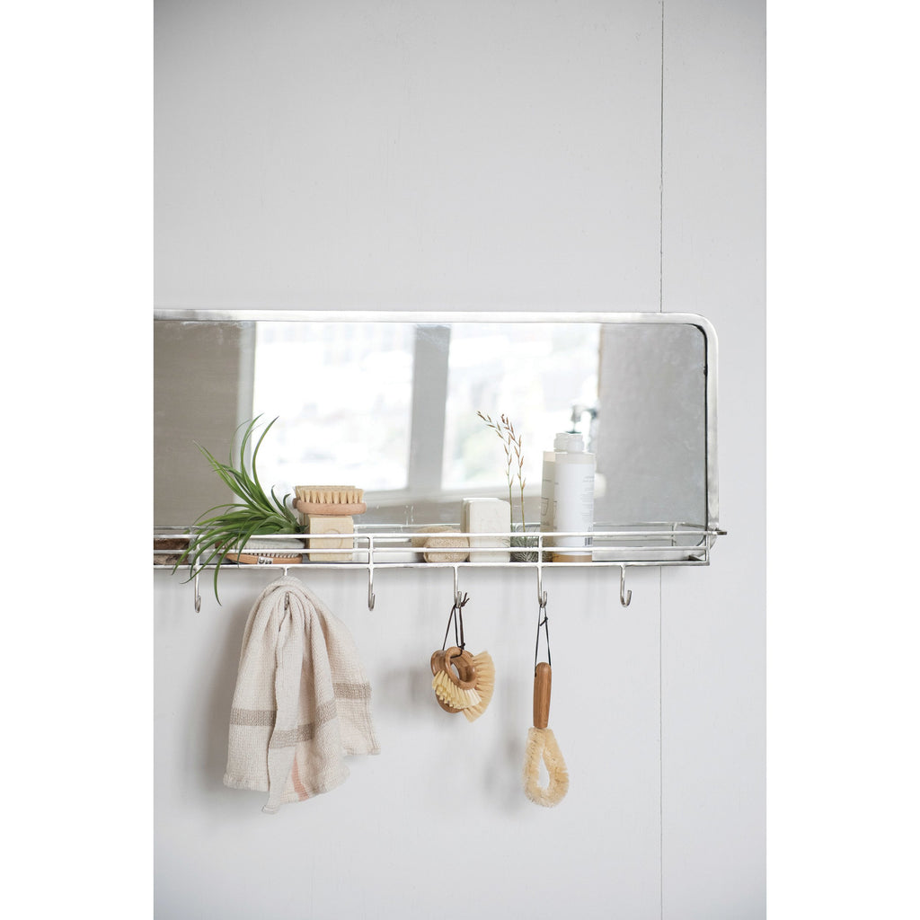 Nickel Finish Metal Framed Wall Mirror w/ Shelf & 7 Hooks